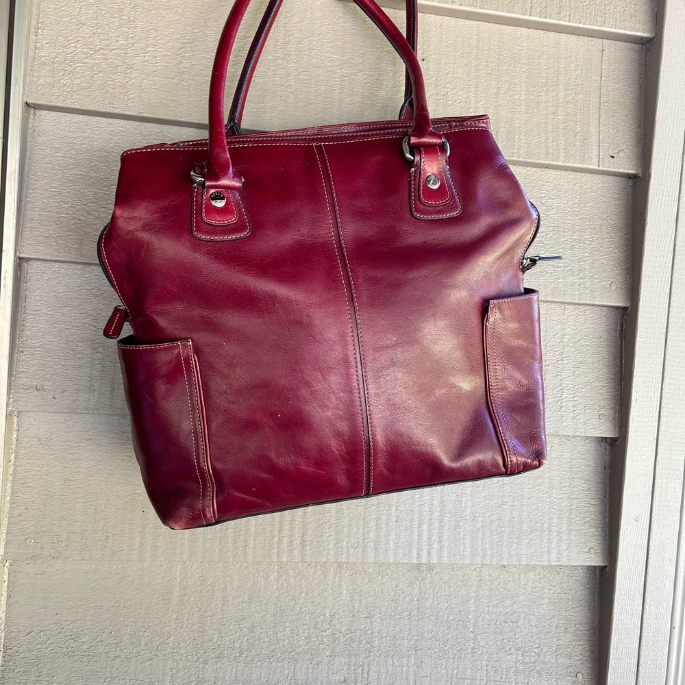 Fossil business satchel, red leather  13”by 15”